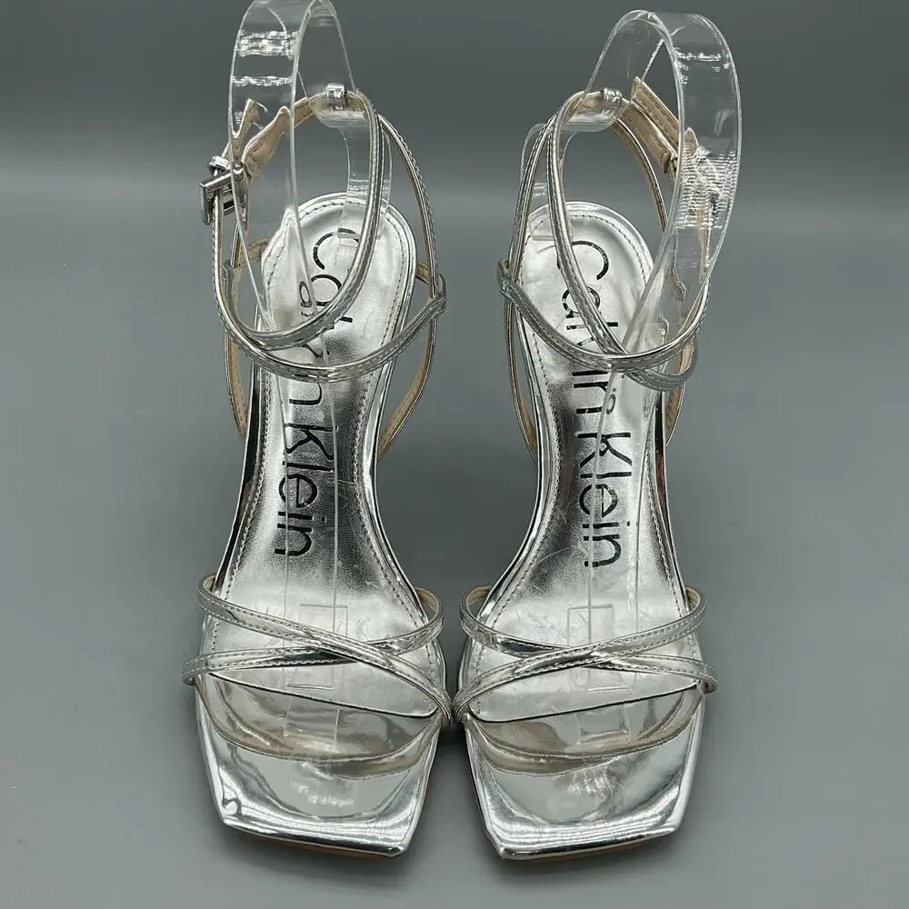 Calvin Klein Women’s Tegin Strappy High Stiletto Dress Sandals Silver Size 7M